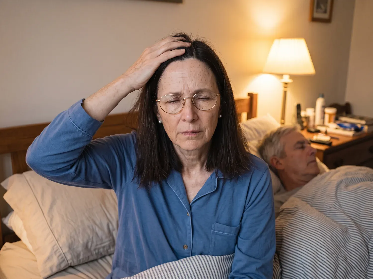A woman in her sixties sitting up in bed at night under a lamp, one hand pressed to her scalp, her husband asleep beside her