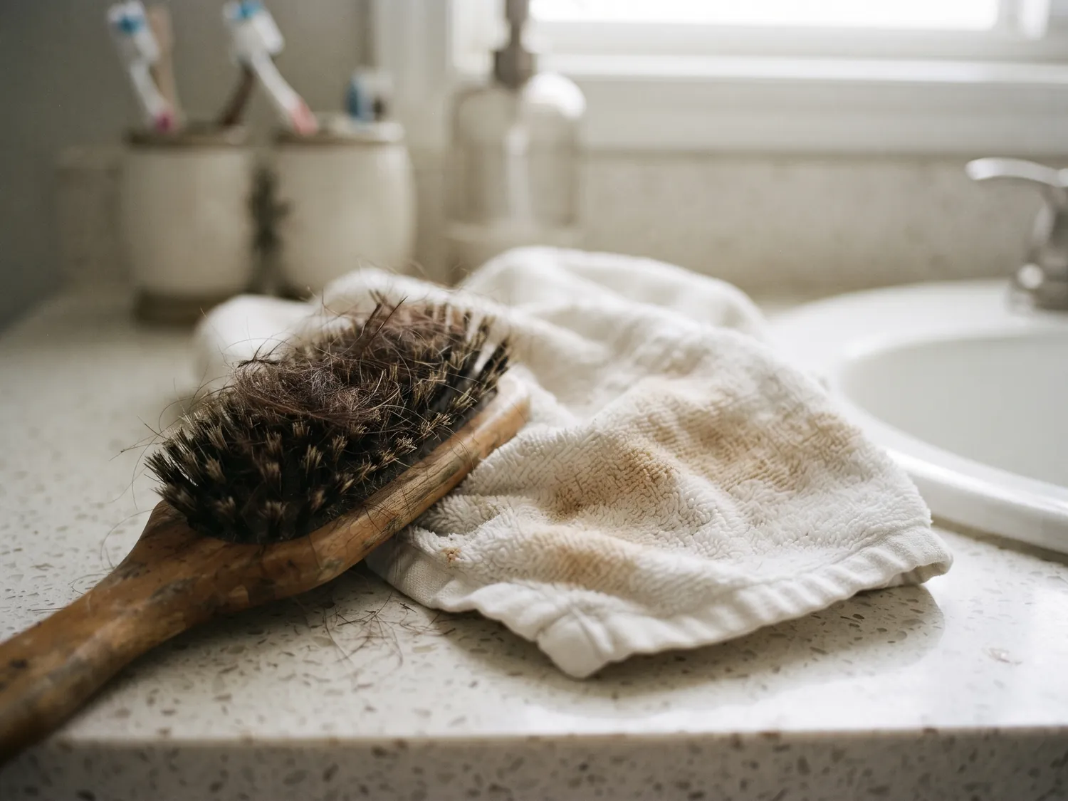 A wooden hairbrush full of short broken dark brown hair pieces next to an old white towel with brown dye shadows