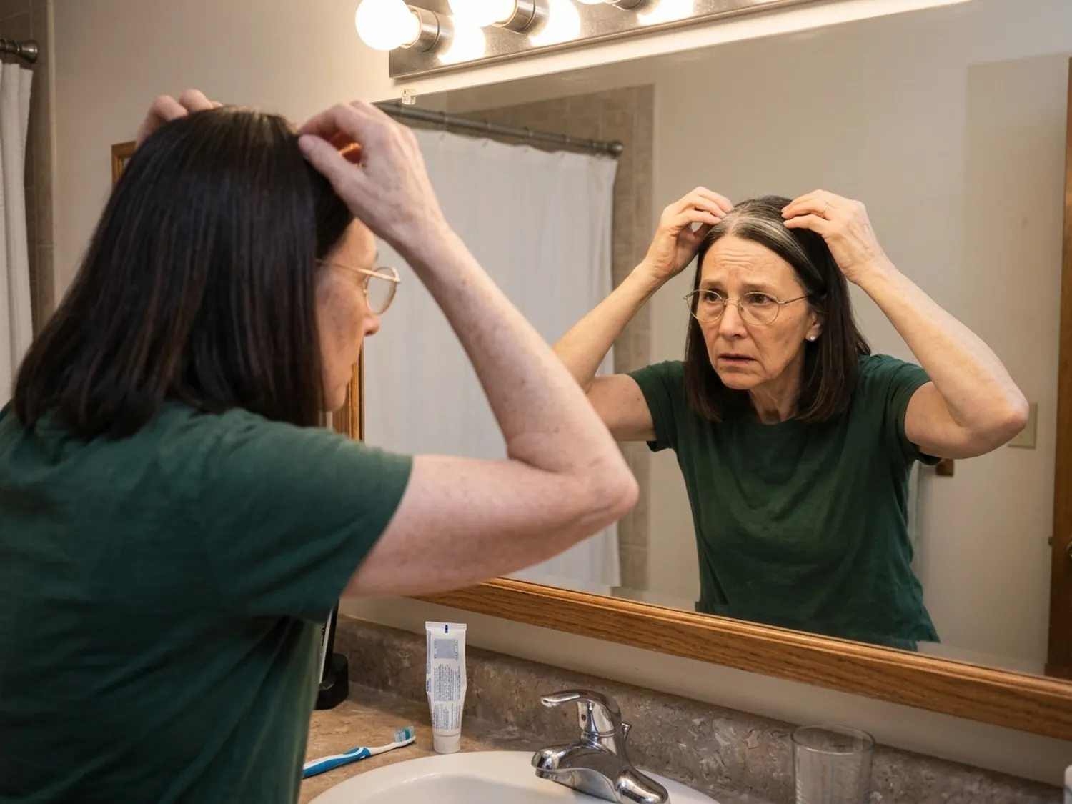 Peggy at her bathroom mirror holding her hair apart, a white stripe of regrowth down the middle of her part