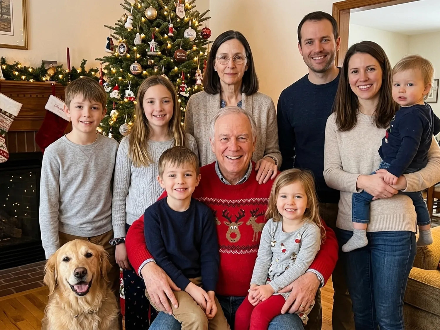 An amateur family Christmas photo, Peggy half hidden at the back behind her husband in his reindeer sweater