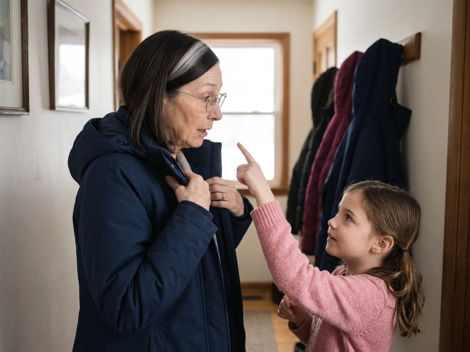 Peggy's granddaughter pointing at the white stripe in her hair in the hallway mirror