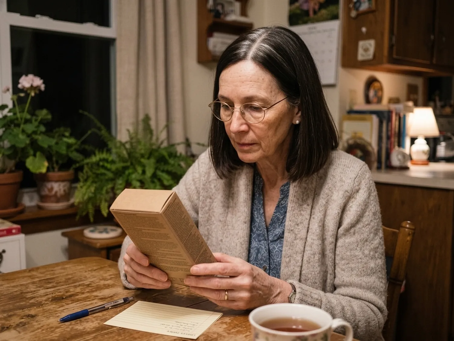 Peggy at the kitchen table at night reading the small print on a hair color box, an index card beside her