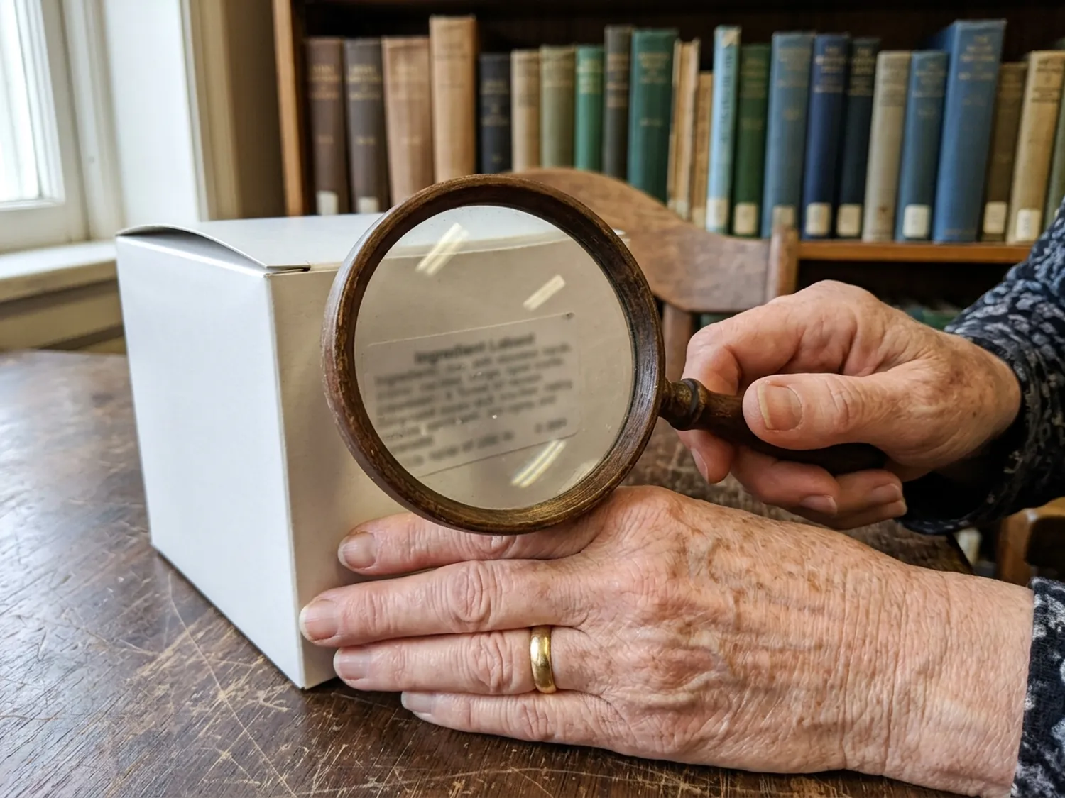 Hands holding a magnifying glass over the ingredient label of a plain box in a library