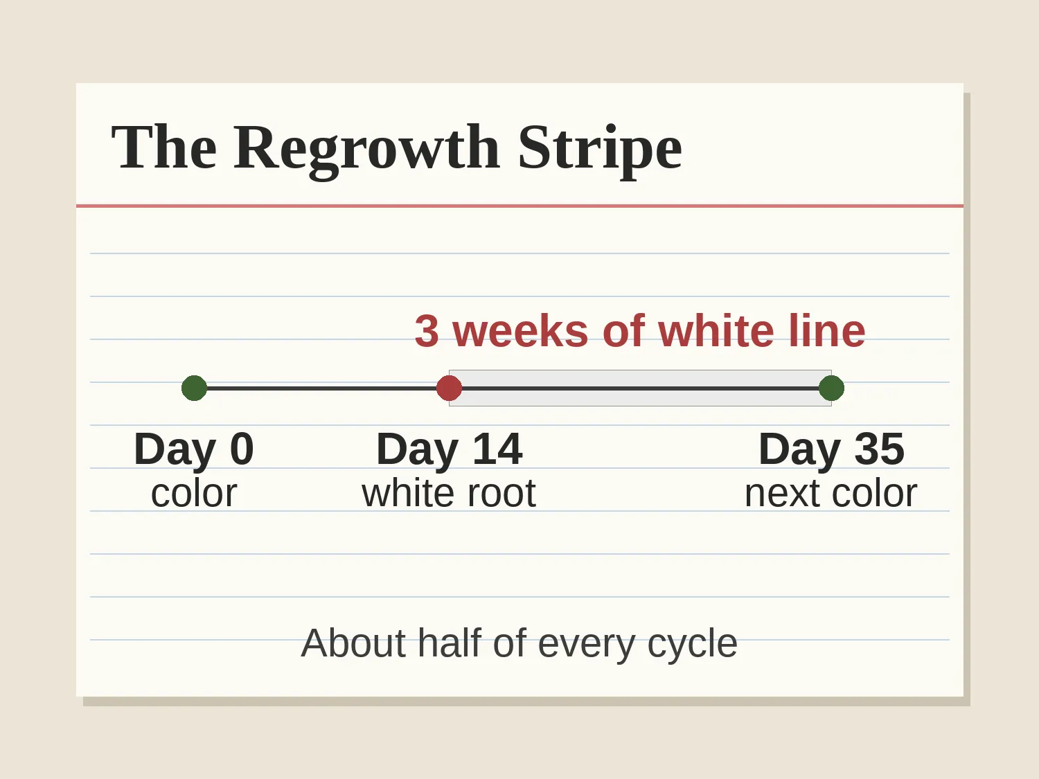 Peggy's index card: color day, the white root showing around day 14, the next appointment at day 35