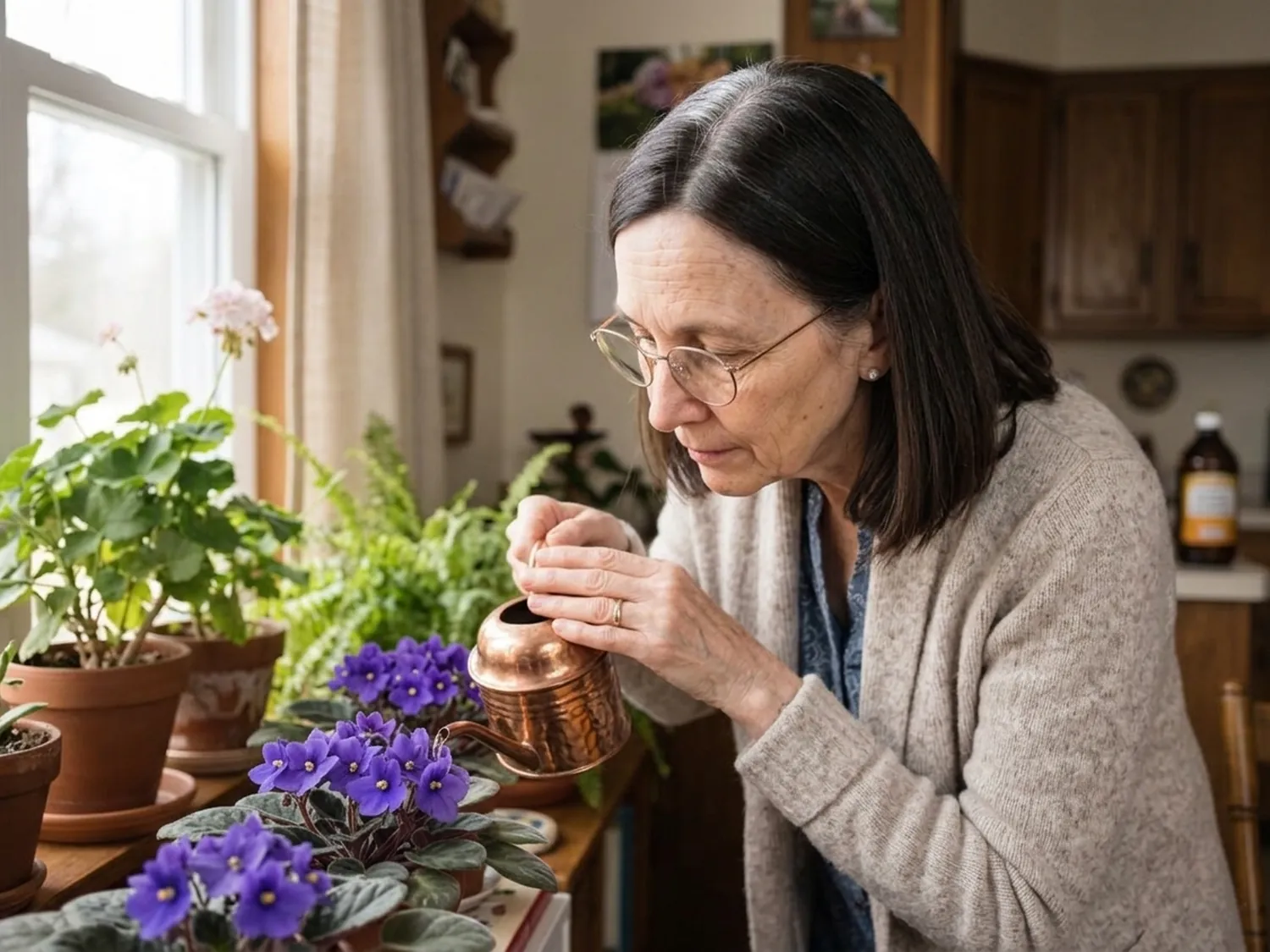 Peggy watering her African violets on the kitchen windowsill