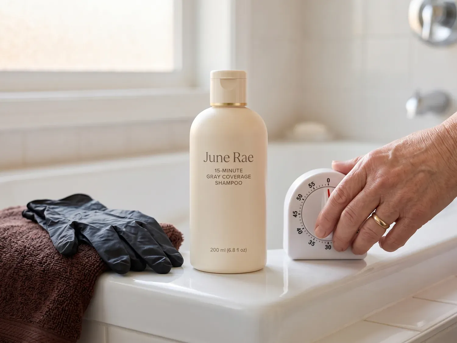 The cream June Rae bottle on the white edge of a bathtub next to a white kitchen timer, black gloves and a dark towel