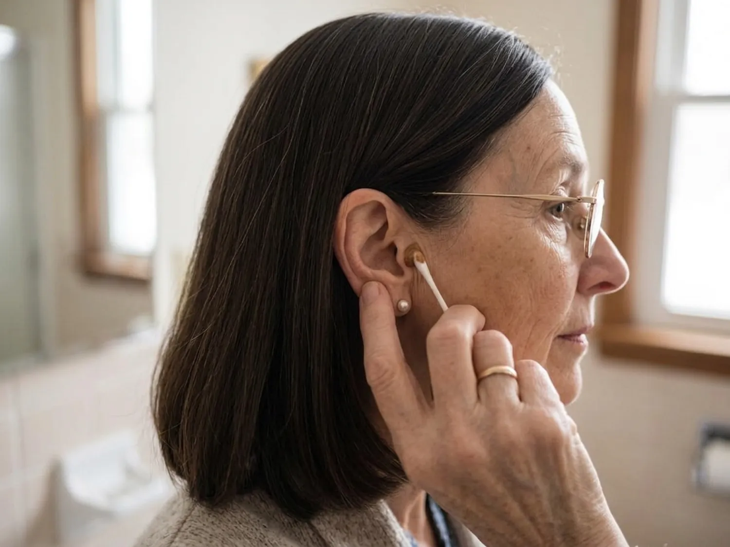 Peggy doing the 48-hour skin test, a tiny dab with a cotton swab at her ear