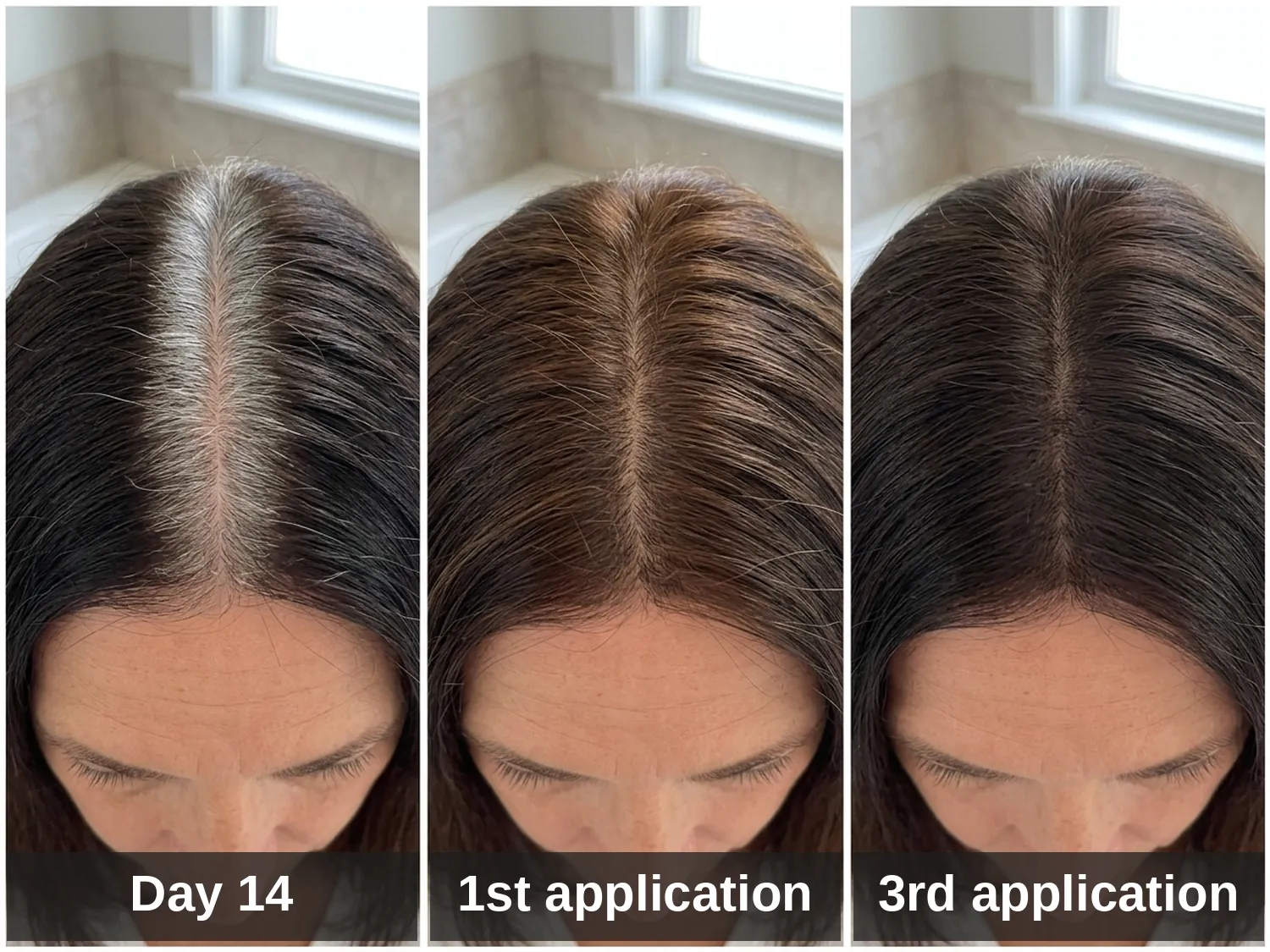 The same part three times: white regrowth at day 14, warmer after the first application, even dark brown after the third