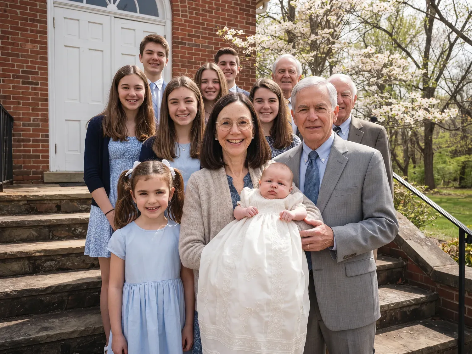 An amateur family photo outside a church, a smiling older woman in the front row holding a baby in a white christening gown