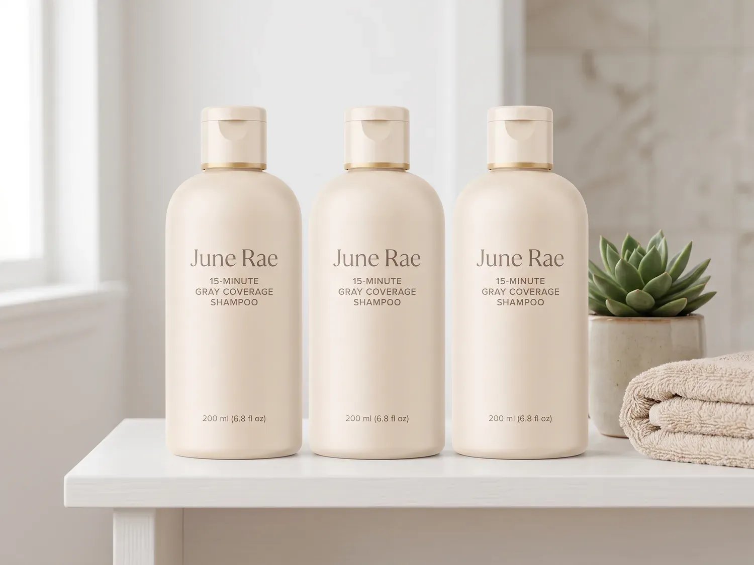 Three cream June Rae bottles lined up on a bathroom shelf beside a small plant and a folded towel