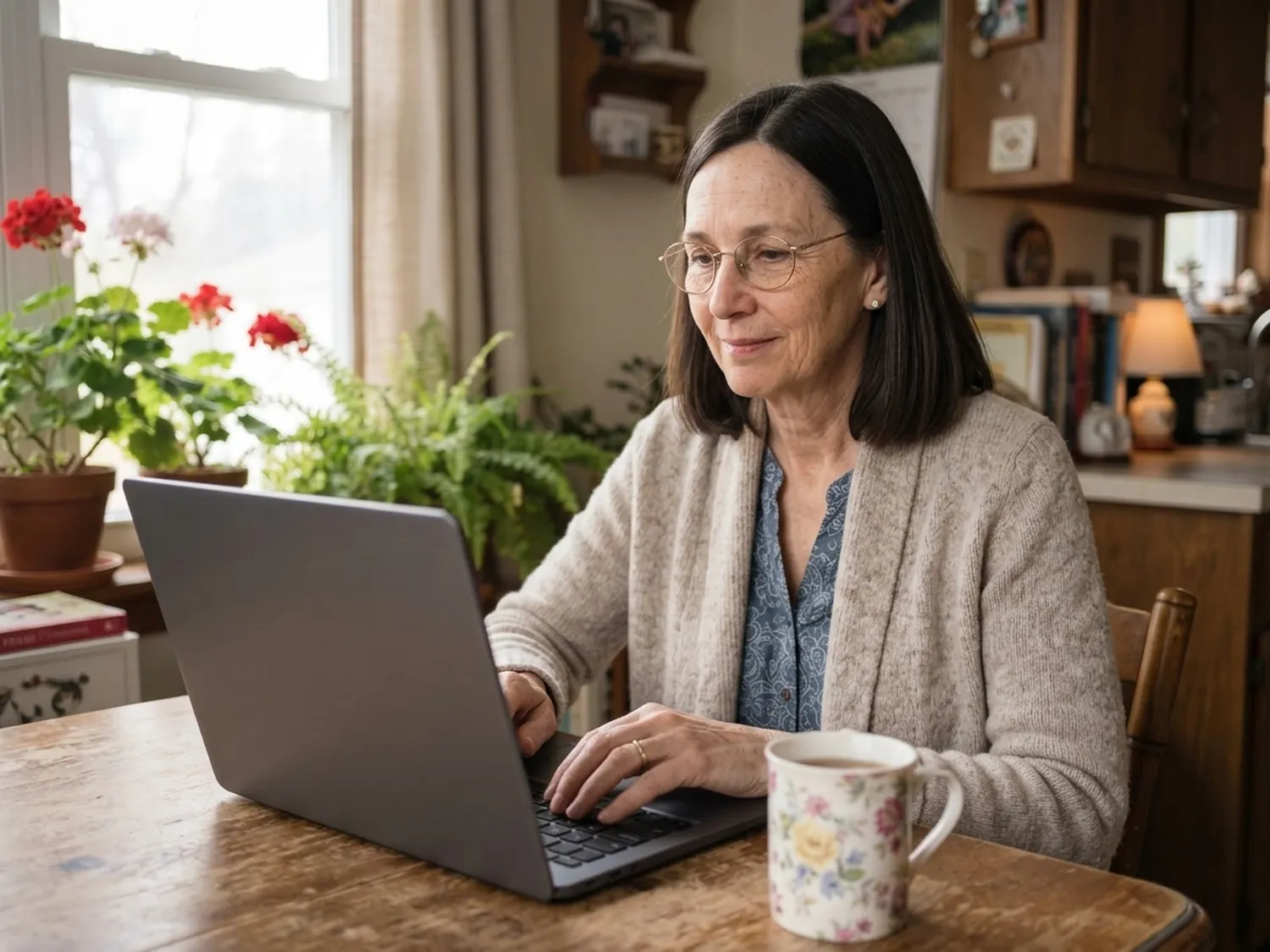 Peggy typing a short email at her kitchen table