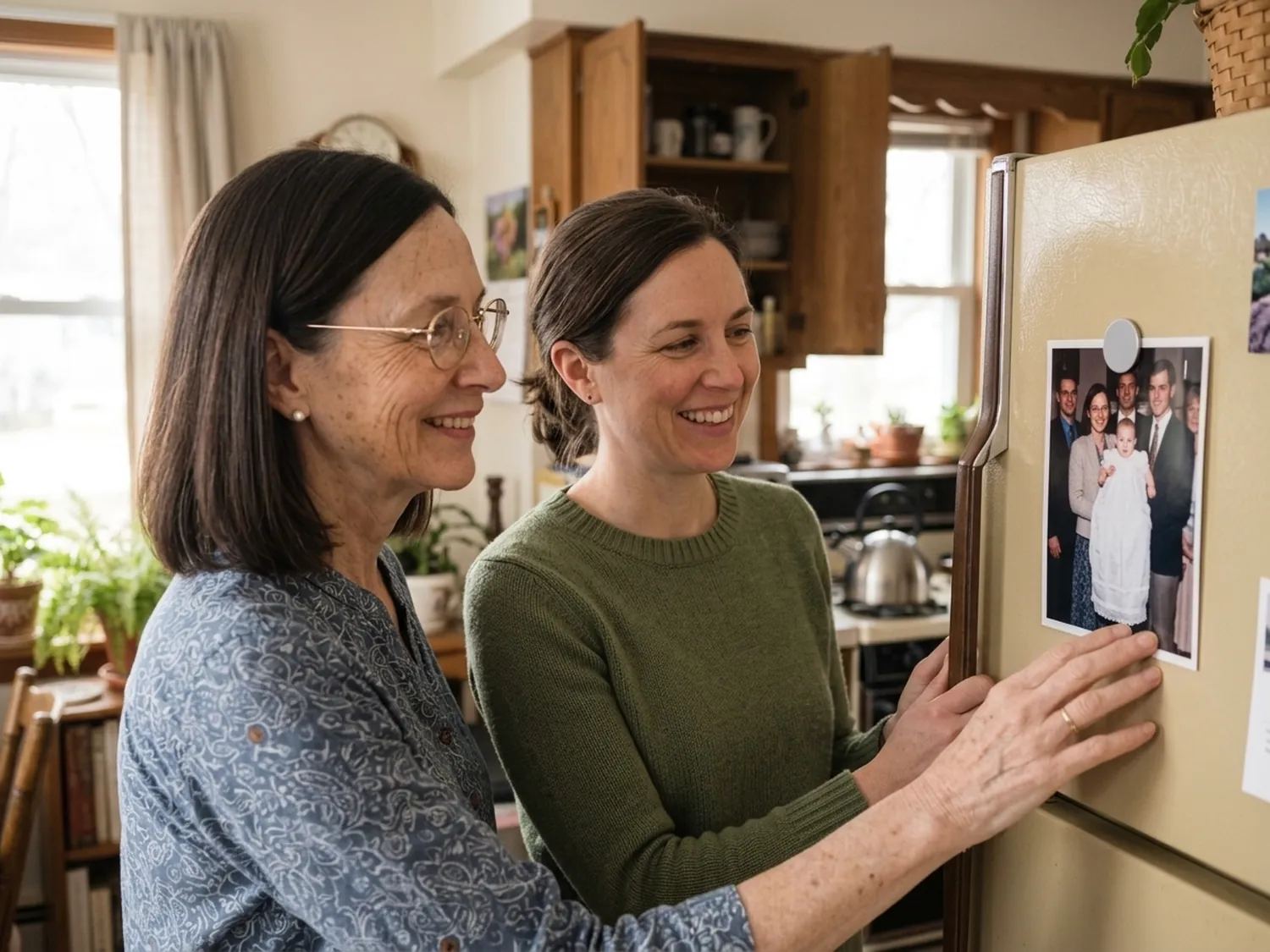 Peggy and her daughter smiling at the baptism photo on the fridge