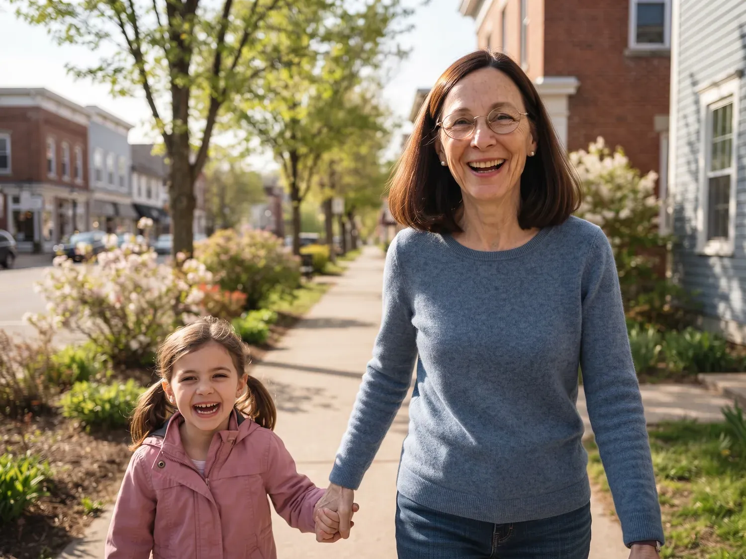 A grandmother and her young granddaughter walking hand in hand on a sunny sidewalk, the grandmother's dark brown hair even in the light
