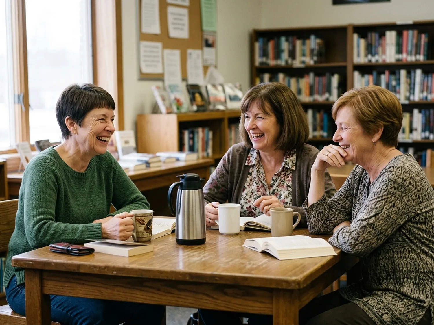 Three women from Peggy's book club laughing over coffee at the library