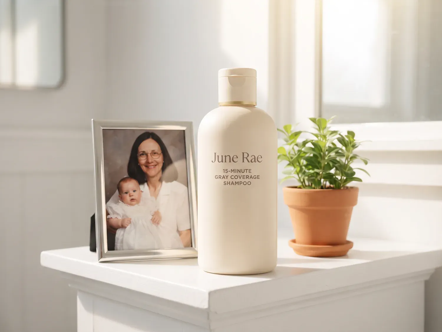 The June Rae bottle on a sunny bathroom windowsill next to a framed family photo of a smiling grandmother holding a baby