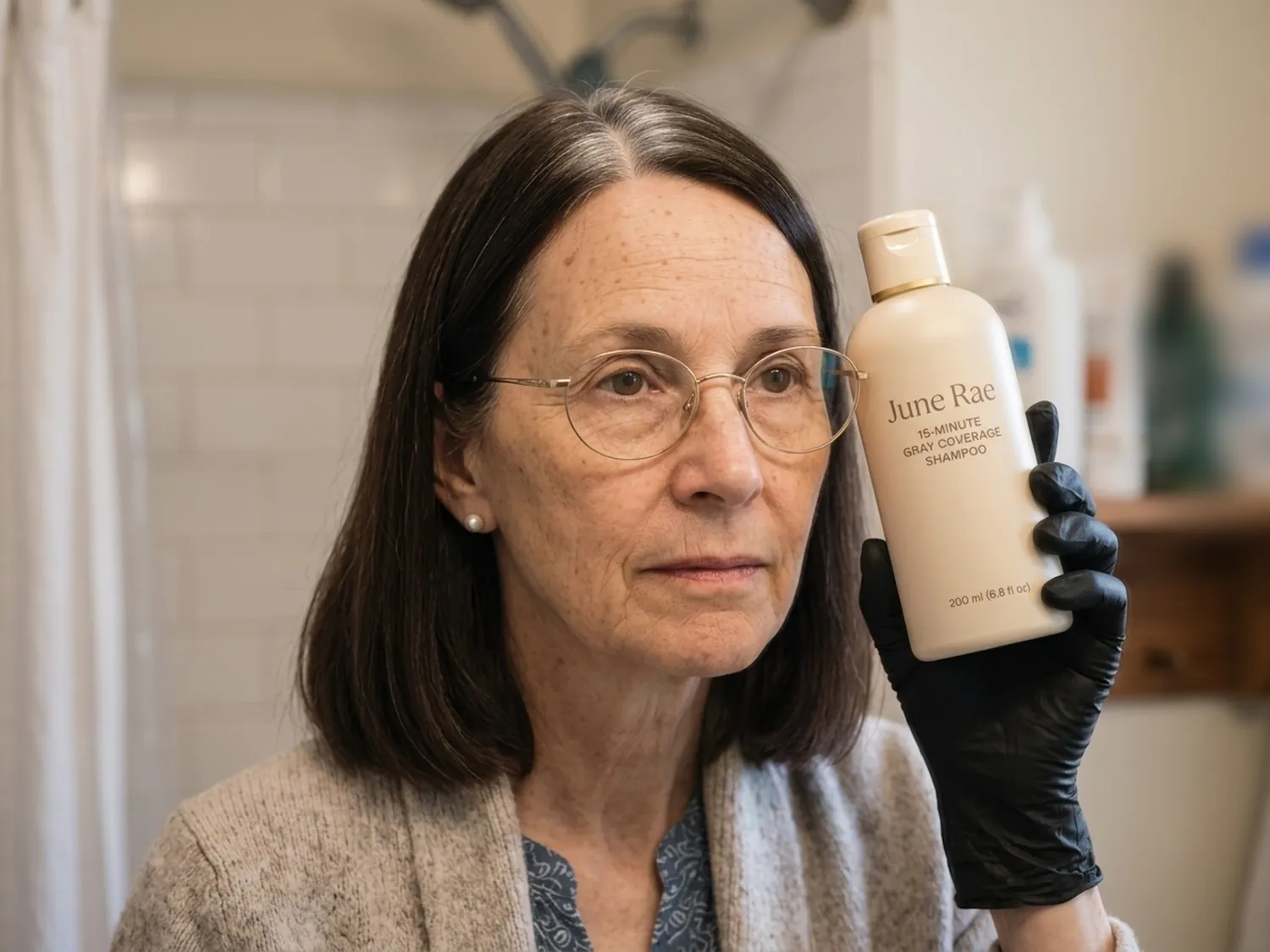 Peggy, 63, in her bathroom, holding the June Rae bottle next to the white stripe of regrowth along her dark brown part